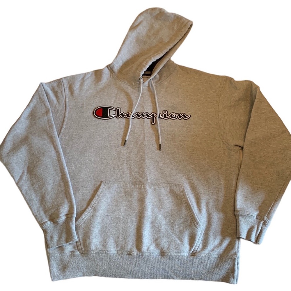 EUC Men’s Champion Powerblend Hoodie with Script Logo• Size Large